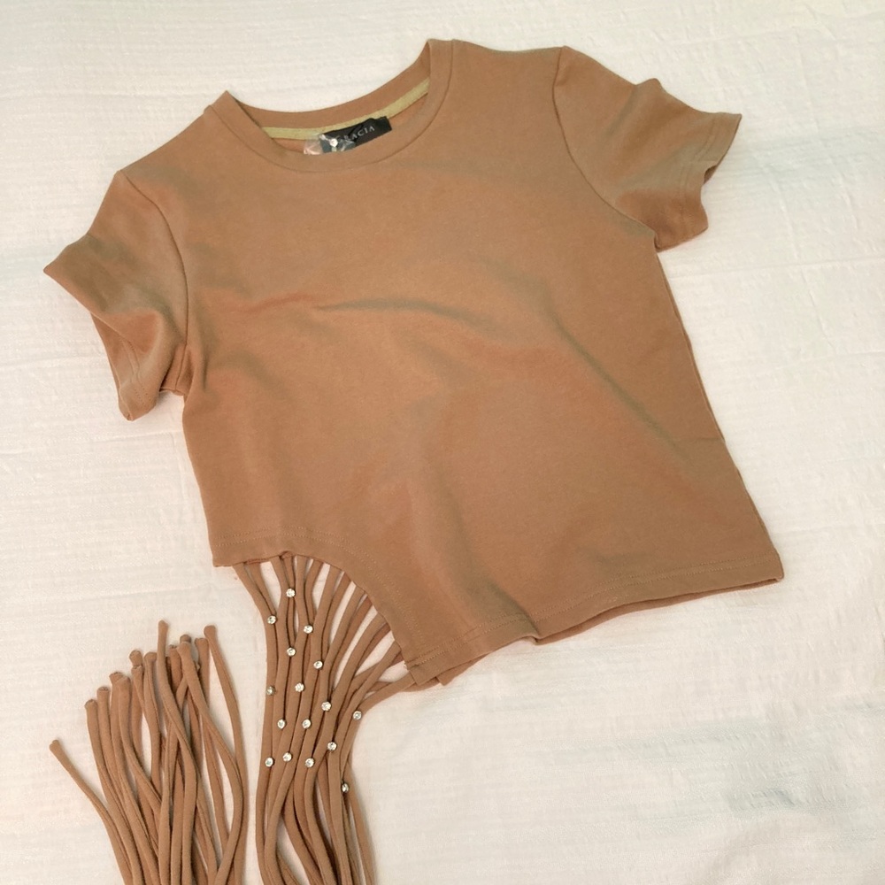 Nwt Gracia fringe rhinestone Collin tee shirt t-shirt small s tan brown